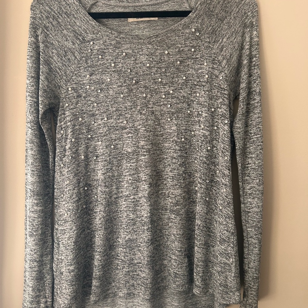 Heather Gray Pearl-Studded Knit Sweater